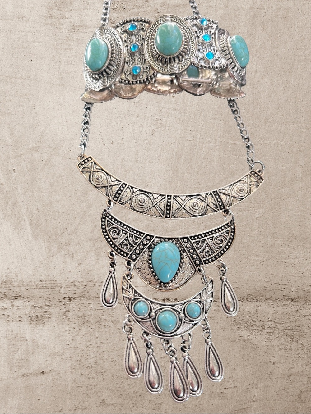 Bohemian Silver-Tone Turquoise Statement Necklace and bracelet set - Unbranded